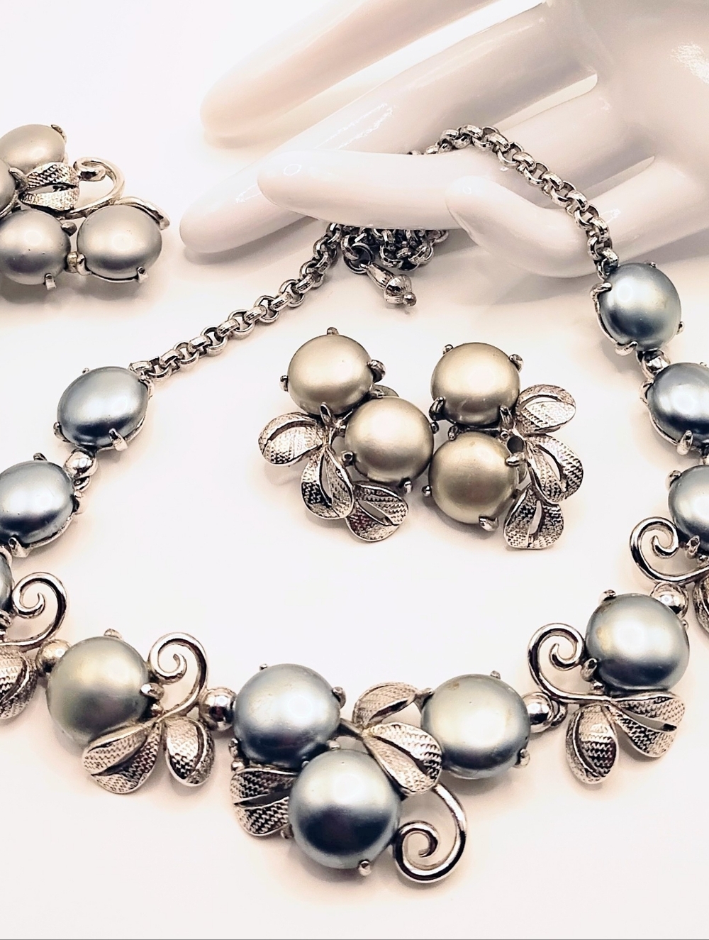Vintage Schiaparelli Faux Pearl Brooch Necklace and Earrings